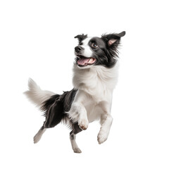 Black and white dog joyfully jumping in mid-air with happy expression and playful energy