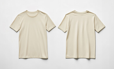 Front and back view of a beige t-shirt laid flat on a surface, a flat lay concept used as a mockup design template
