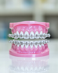 Model of teeth with braces on a pink mount, showcasing dental alignment and orthodontic care.