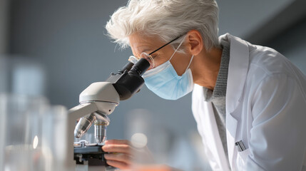 Scientist in lab coat and face mask examining sample under microscope for medical research study