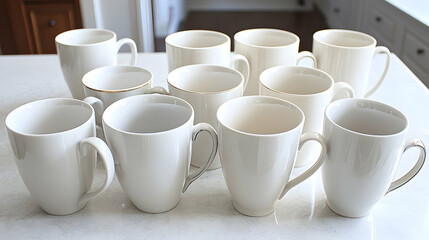 Twelve white mugs on kitchen counter, ready for coffee or tea, bright background
