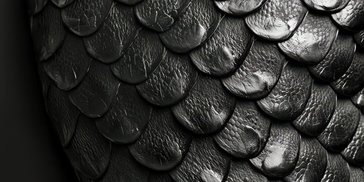 A close up of a black leather material with a pattern of scales