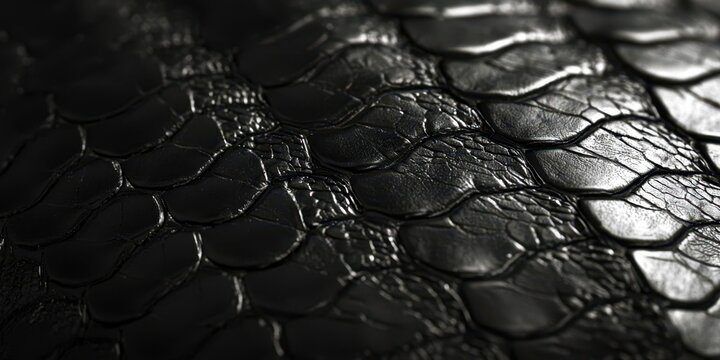 A close up of a black leather material with a pattern of scales