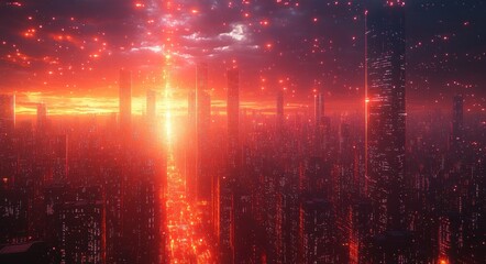 Digital Data Flow in a Cyberpunk Cityscape with Abstract Visualization of Binary Code and Futuristic Technology