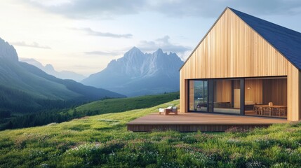 Creative eco-friendly house designed with natural textures and stunning mountainous views in a serene landscape at sunrise