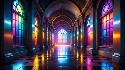 Empty Hallway with Rainbow Stained Glass Arch Windows, Colorful Nighttime Interior