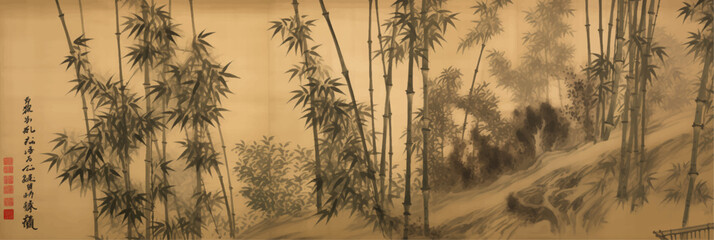 vector illustration of bamboo forest painting on old vintage silk paper	