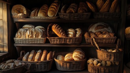 Shelves filled with an assortment of freshly baked loaves of bread.