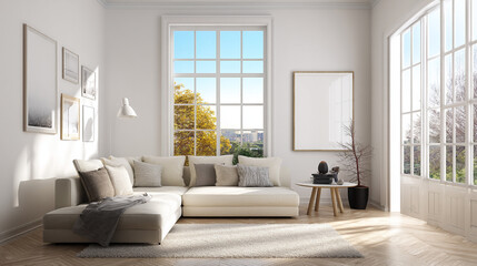 Fototapeta premium Bright contemporary waiting room interior with wooden sideboard Stylish interior of living room with comfortable furniture