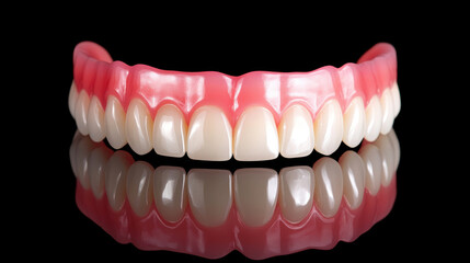Obraz premium Upper complete denture reflecting on a sleek black background, highlighting the importance of dental prosthetics and promoting effective oral health solutions for enhanced smiles