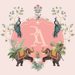Mughal wedding monogram Design, Peacock, Logo, Flower, Mughal mural Design.
