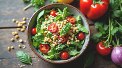 Top-down view of a vibrant, healthy salad bowl with fresh ingredients on a rustic wooden table.