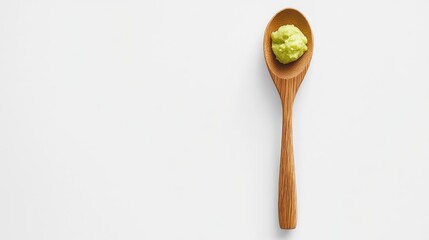 Single spoon of wasabi in wooden utensil, placed against a solid white background, centered and isolated from above