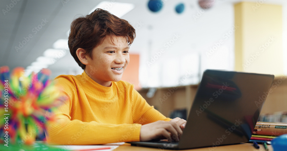 Poster student, library and child on laptop for e learning, remote education and online class with knowledg