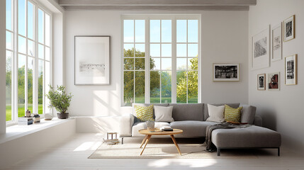 Modern living room interior with minimal decoration View of white living room in minimal style with sofa and small side table on laminate floor.