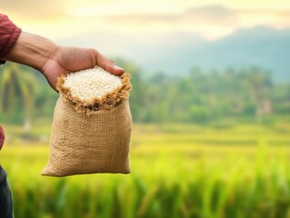 Farmer gripping burlap sack brimming with white rice grains, green paddy field backdrop softly illuminated by sunset light