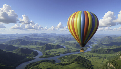 Obraz premium colorful hot air balloon floats over scenic landscape with winding rivers and lush green hills under sky dotted with fluffy clouds