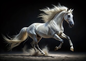 Naklejka premium Elegant White Horse Galloping in Darkness - Low Light Stock Photo