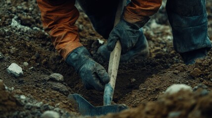 Construction worker digging a trench for foundation work. Featuring strength and excavation skills
