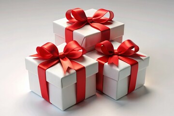 Obraz premium Elegant White Gift Boxes with Red Satin Ribbon Bows - Stock Photo