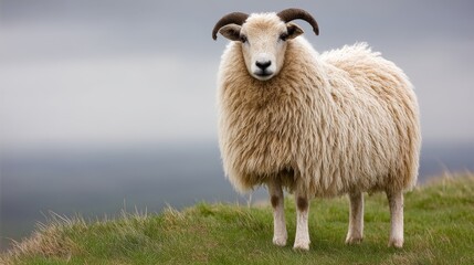 Obraz premium White sheep with thick wool standing in grassy landscape looking forward captured in bright daylight expressing animal portrait simplicity and rural character