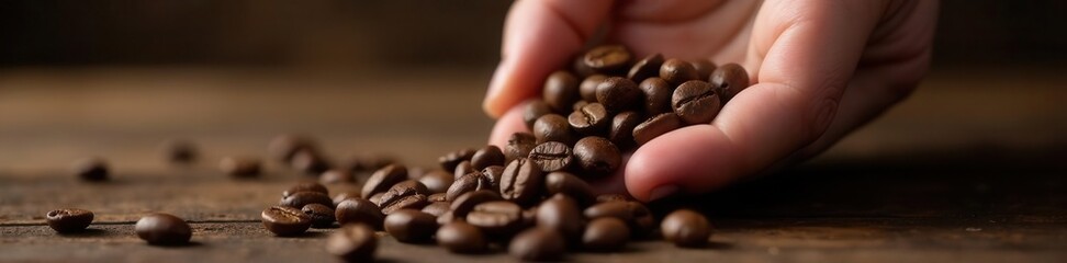 Close-up of hand gently cupping dark roasted coffee beans , food, cafe