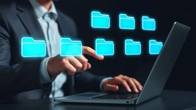 Businessman Working on Laptop with Digital File Folders Representation