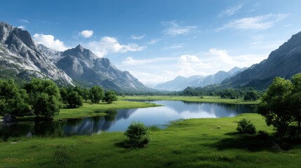 Serene Landscape With Lush Meadows and Tranquil Lake Reflecting Majestic Mountains Under Blue Sky Generative AI