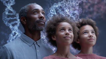 Conceptual family portrait of a Black father and two children, DNA helix symbolizing shared hereditary traits and genetics