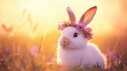 Cute White Rabbit Wearing Flower Crown in a Sunlit Meadow