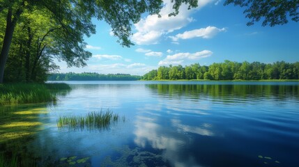 Obraz premium Serene Lakeside Landscape: A Tranquil Summer Day by the Lake