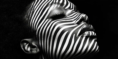 Artistic Close-Up of Face Painted with Zebra Pattern in Black and White