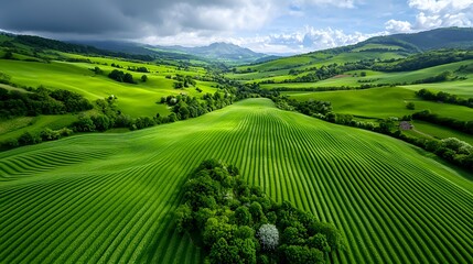 Fototapeta premium Aerial view of rolling green hills and fields