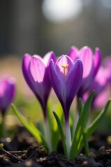 Close-up of vibrant crocus blossoms, soft focus background , sunlight, white