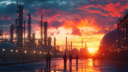 Silhouette of industrial workers at sunset over a refinery complex.  Workers walk along paved pathways amidst towering tanks and pipes, bathed in the warm glow of a fiery sunset