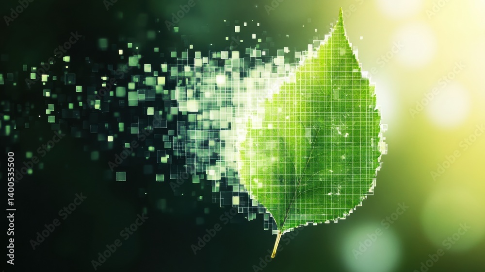 Poster green leaf transforming into digital pixels illustrating the fusion of nature and technology in a vi