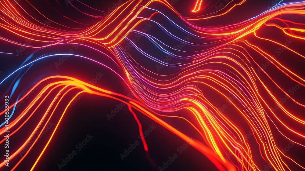 Poster abstract representation of vibrant red and blue light trails flowing in smooth wave-like patterns ag
