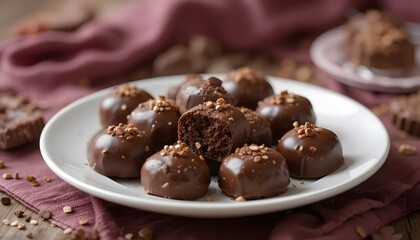 Rich dark chocolate truffles, dusted with crunchy nuts, a decadent treat displayed on a pristine white plate, bathed in warm, inviting light.