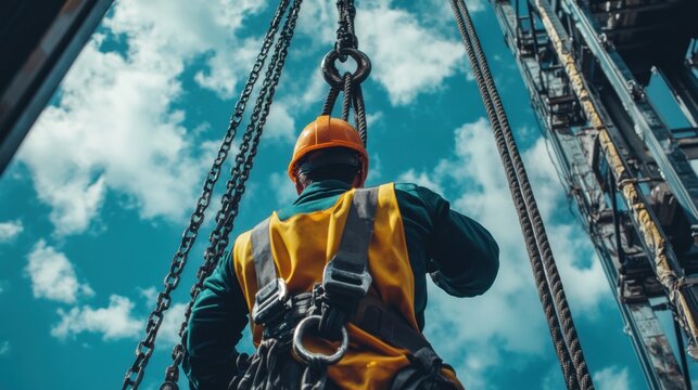 Construction worker guiding a heavy load with a rigging system. Featuring coordination and strength