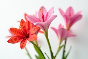 Fototapeta premium Close-up view of blooming freesia twigs, vibrant colors, pure white background , floral, spring