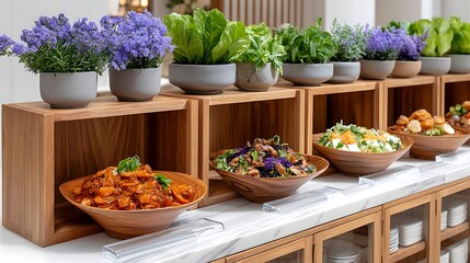 Gourmet Salad Bar Buffet Fresh Greens Wooden Bowls Healthy Food Display
