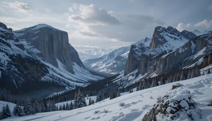 A breathtaking winter panorama of snow-capped mountains and a serene valley under a pale winter sky showcasing majestic peaks and deep shadows.