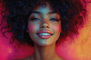 Smiling happy girl with curly hair portrait cheerful laugh bright background joyful children