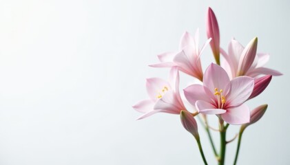 Naklejka premium Cluster of pristine freesia flowers, showcasing buds & blooms on slender stems against a stark white backdrop , fragile, closeup
