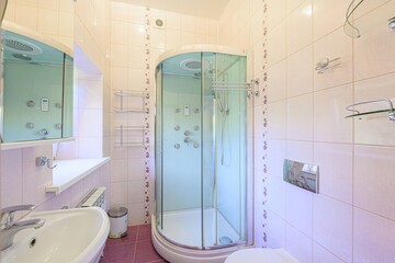 interior apartment room bathroom, sink, decorative elements, toilet