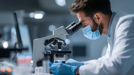 Scientist in lab coat and mask using microscope for research and analysis in a laboratory setting