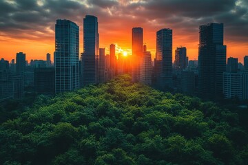 Obraz premium Sunset view over a lush park amidst towering skyscrapers in an urban landscape