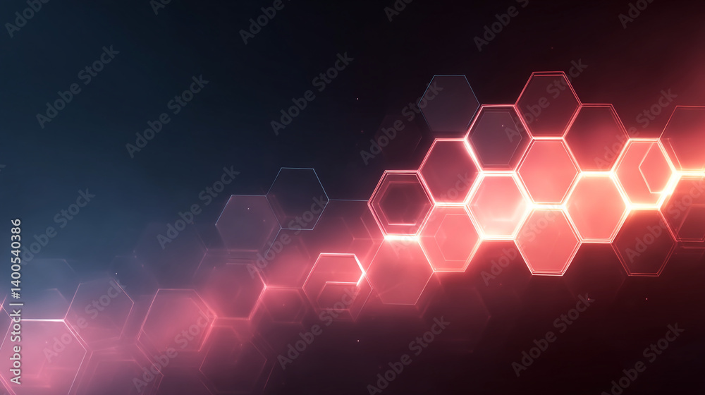 Poster glowing red hexagons arranged in a pattern against a dark background creating a futuristic design