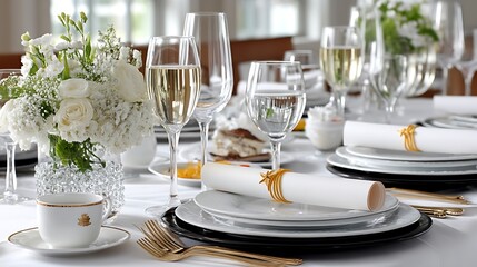Fototapeta premium Elegant White Wedding Reception Table Setting with Flowers and Champagne