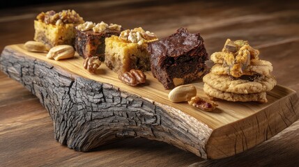 Assorted brownies, blondies, and cookies, beautifully presented on a rustic wooden serving tray - butterscotch tasty rustic top delicious